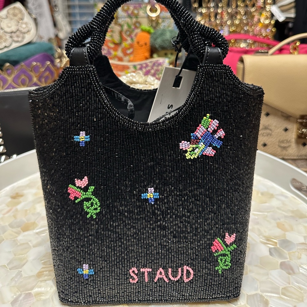 NWT Staud Black Beaded Handbag with Floral Accents Gorgeous!